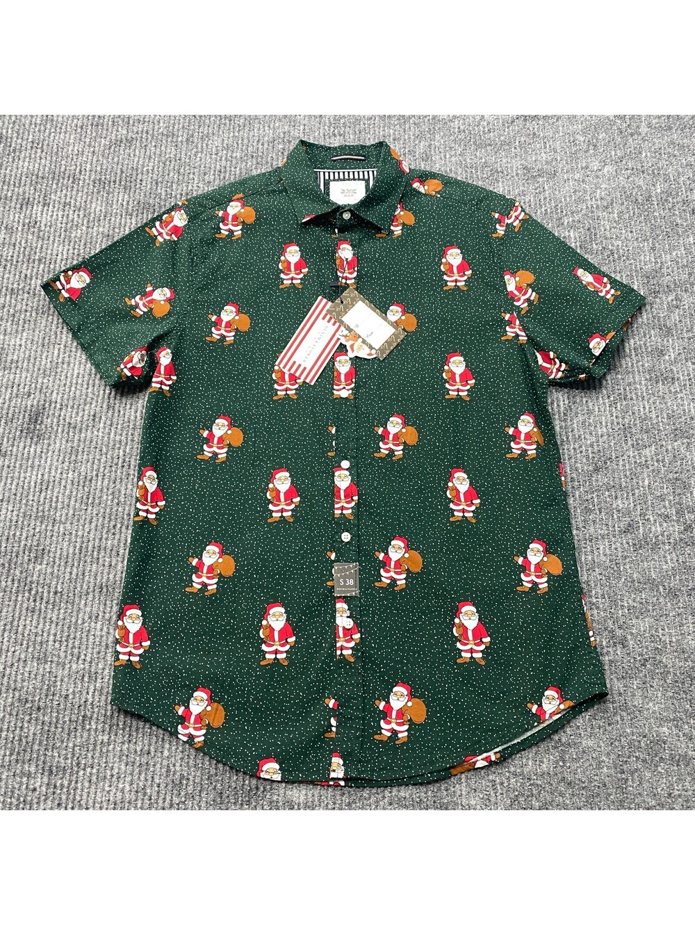 Denim & Flower Shirt Mens S Green Button Up Santa Claus Christmas All Over Print - Picture 2 of 12